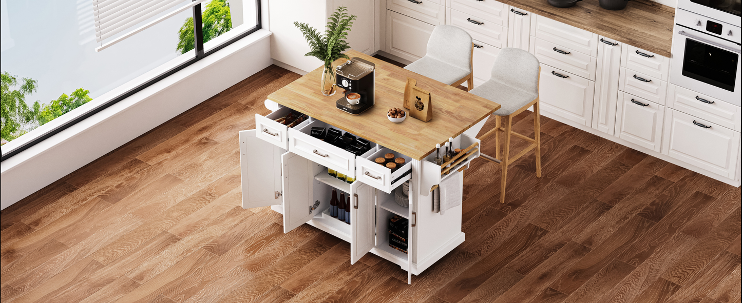White kitchen island with a wooden countertop featuring drawers and cabinets filled with items