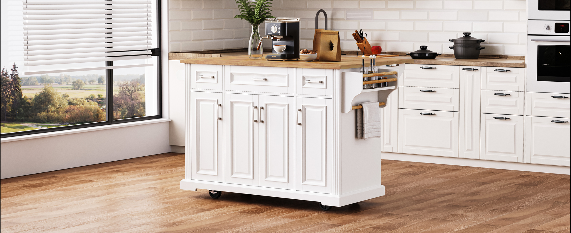 White kitchen island with wooden countertop and builtin spice rack