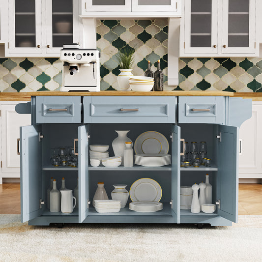 Blue kitchen island with open cabinets displaying dinnerware sets