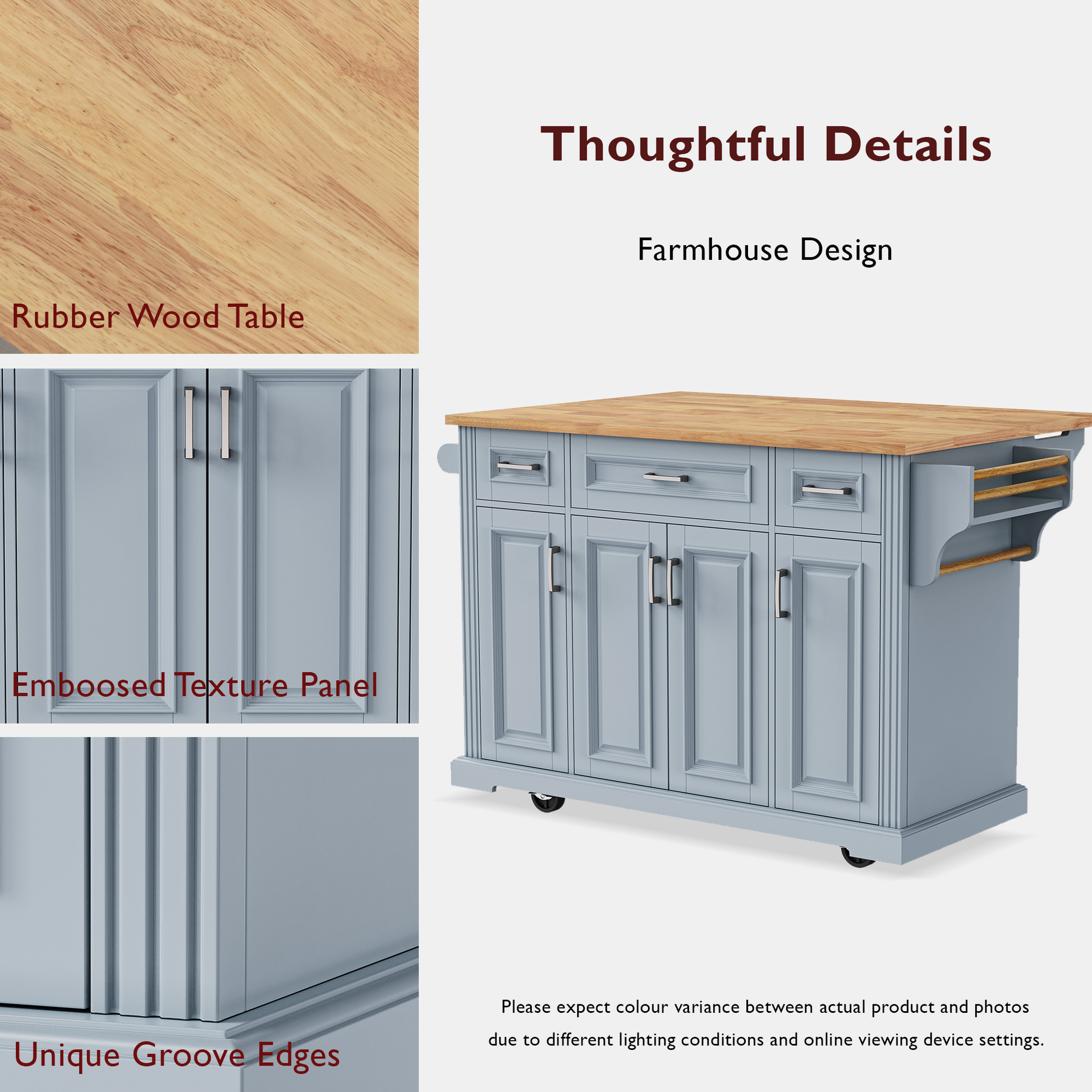 Farmhouse kitchen island with rubber wood table top and blue cabinets