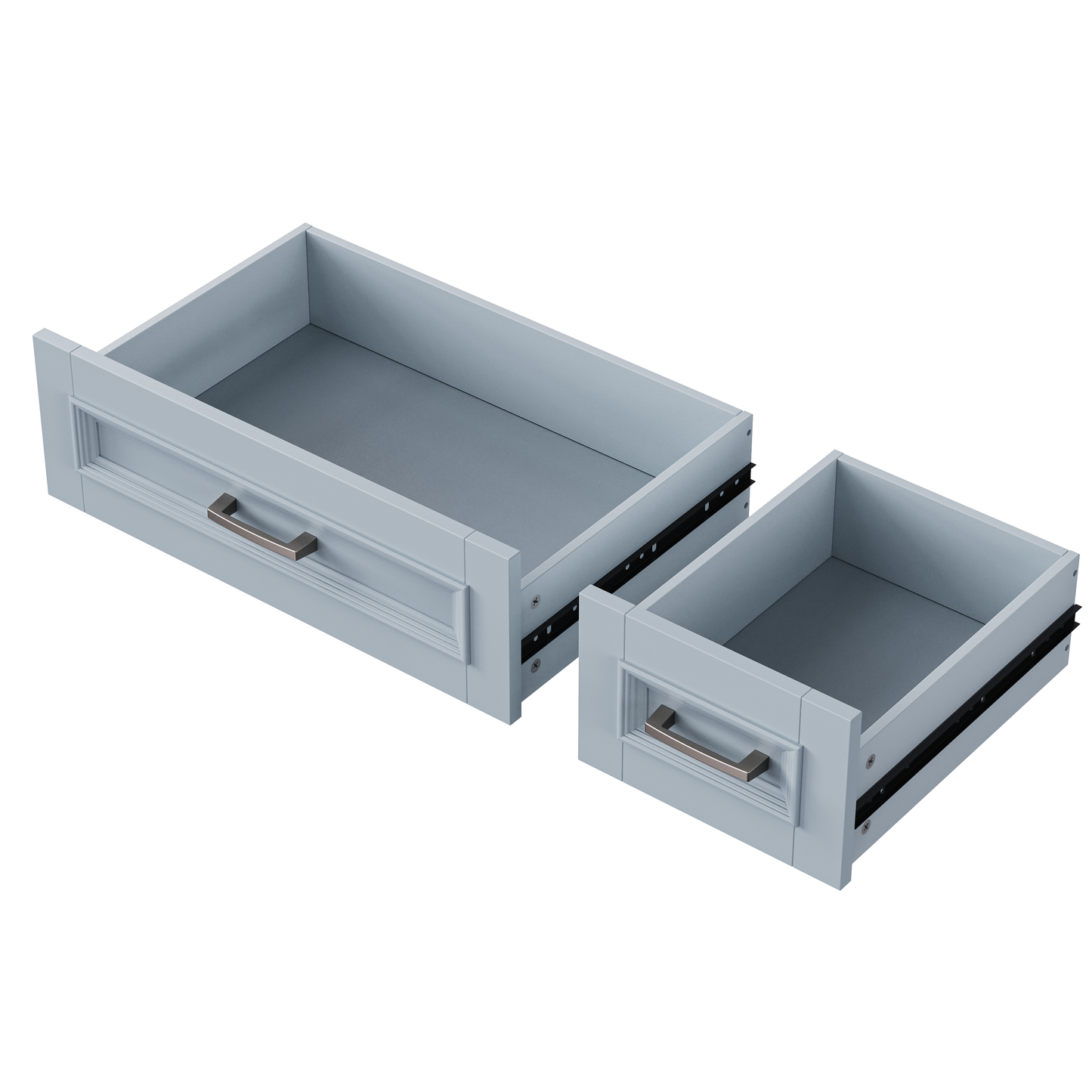 Light blue shaker cabinet drawer with brushed nickel pull showing interior storage
