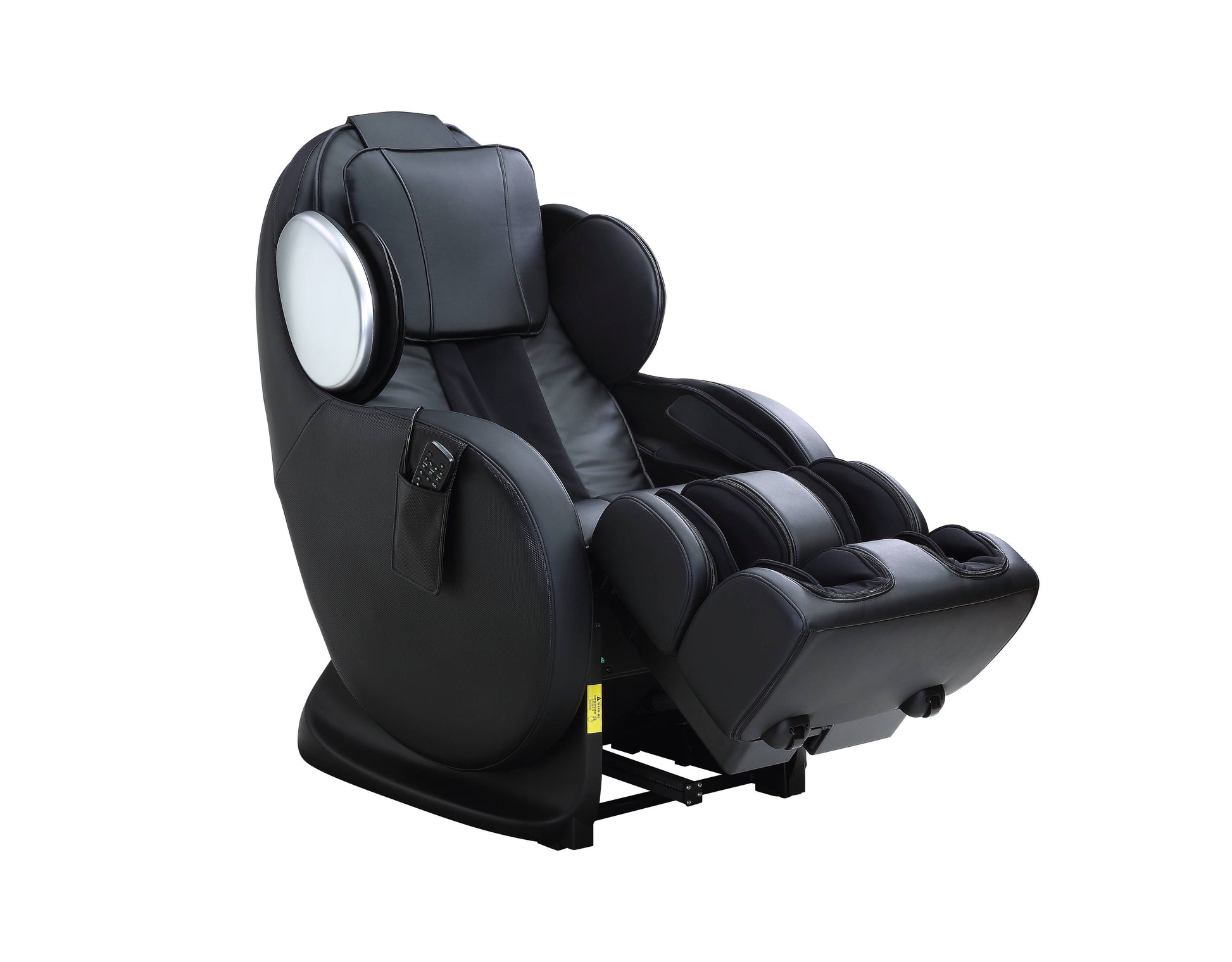 Black reclining massage chair with silver accents and adjustable footrest for home relaxation