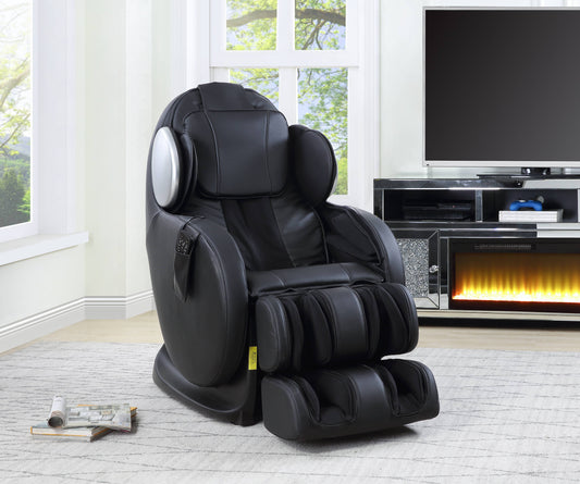 Black faux leather fullbody massage chair with adjustable footrest and remote pocket