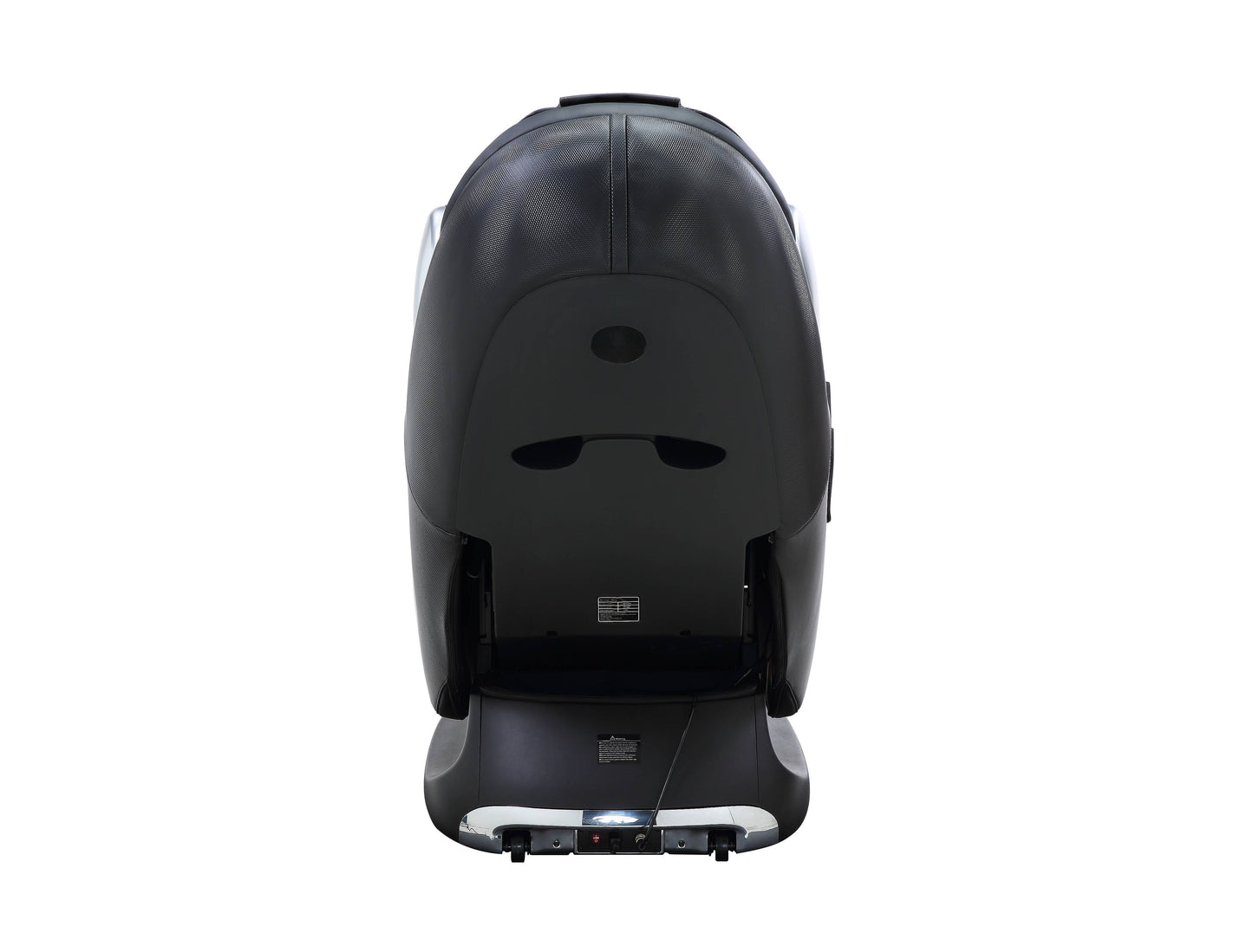 Black executive massage chair back view with textured material and chrome accents