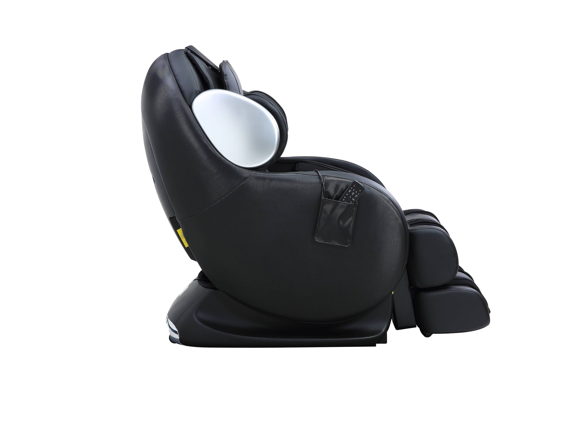 Black faux leather massage chair with silver headrest and integrated remote pocket