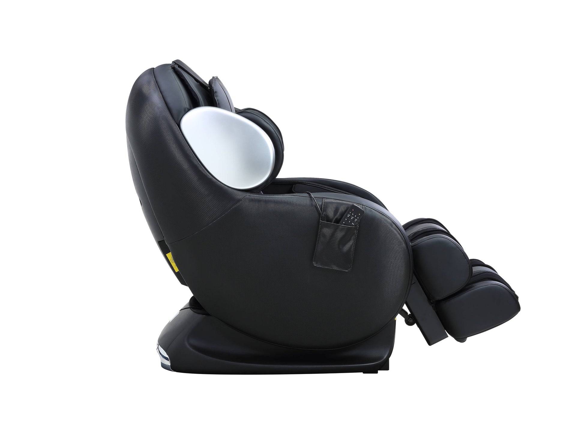 Black leather massage chair with silver headrest detail