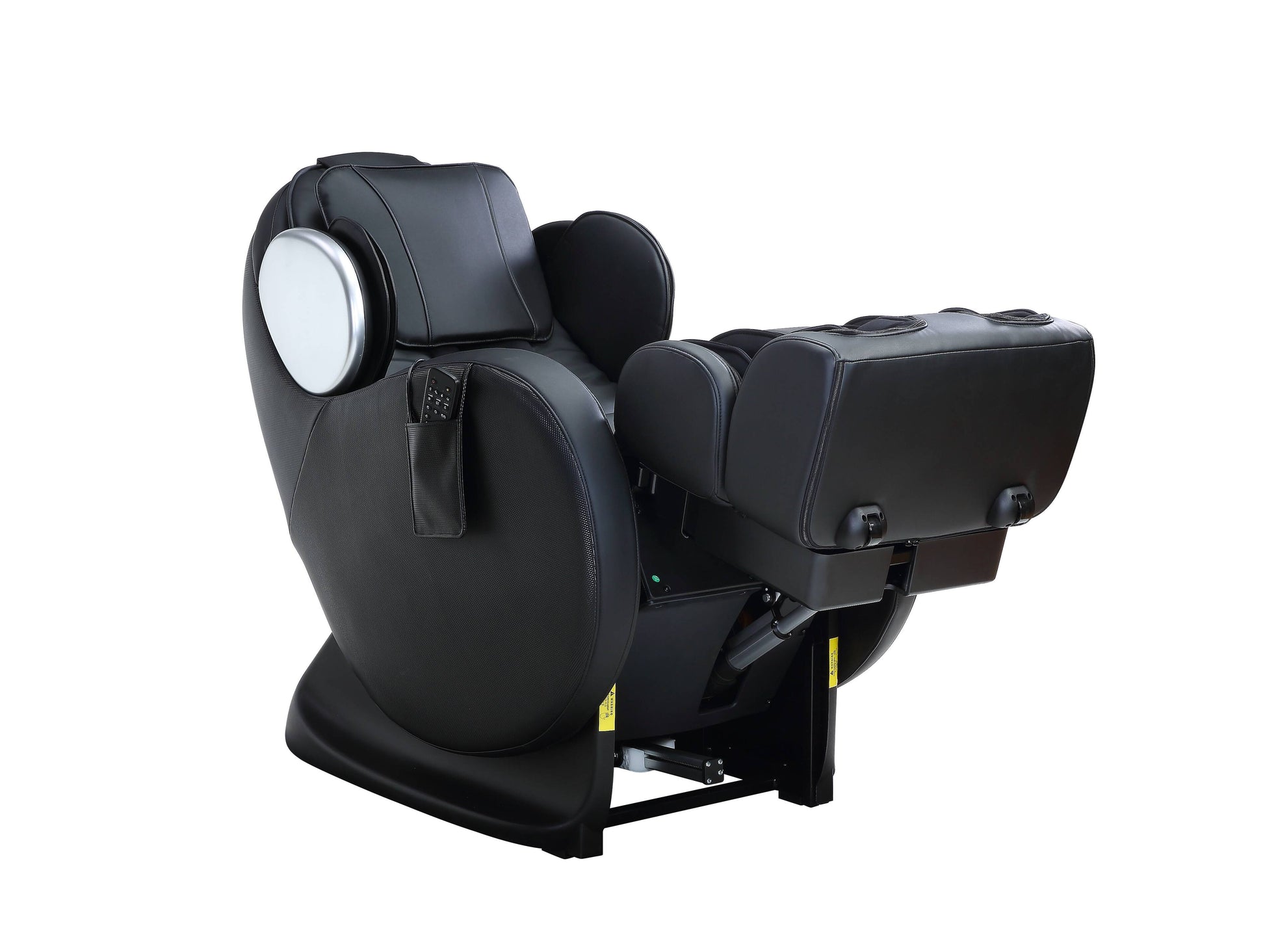 Black faux leather zero gravity massage chair with silver accents and remote pocket