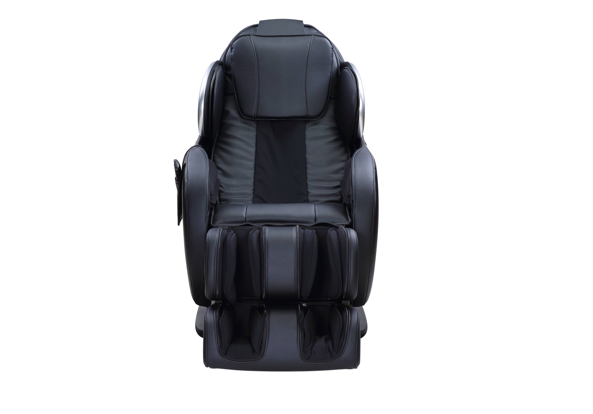 Full view of a black faux leather electric massage chair with integrated footrests and silver trim