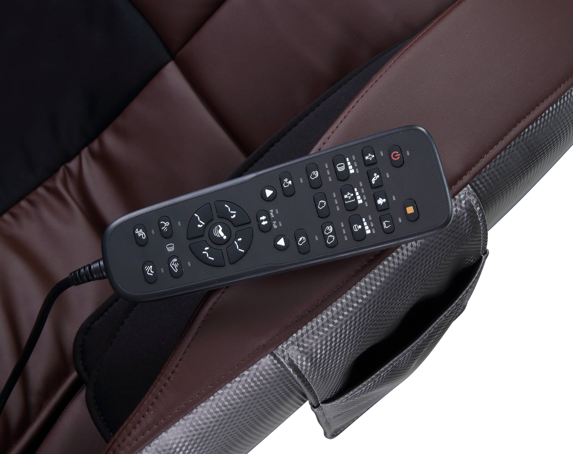 Black remote control for luxury massage chair with comfort settings and power button