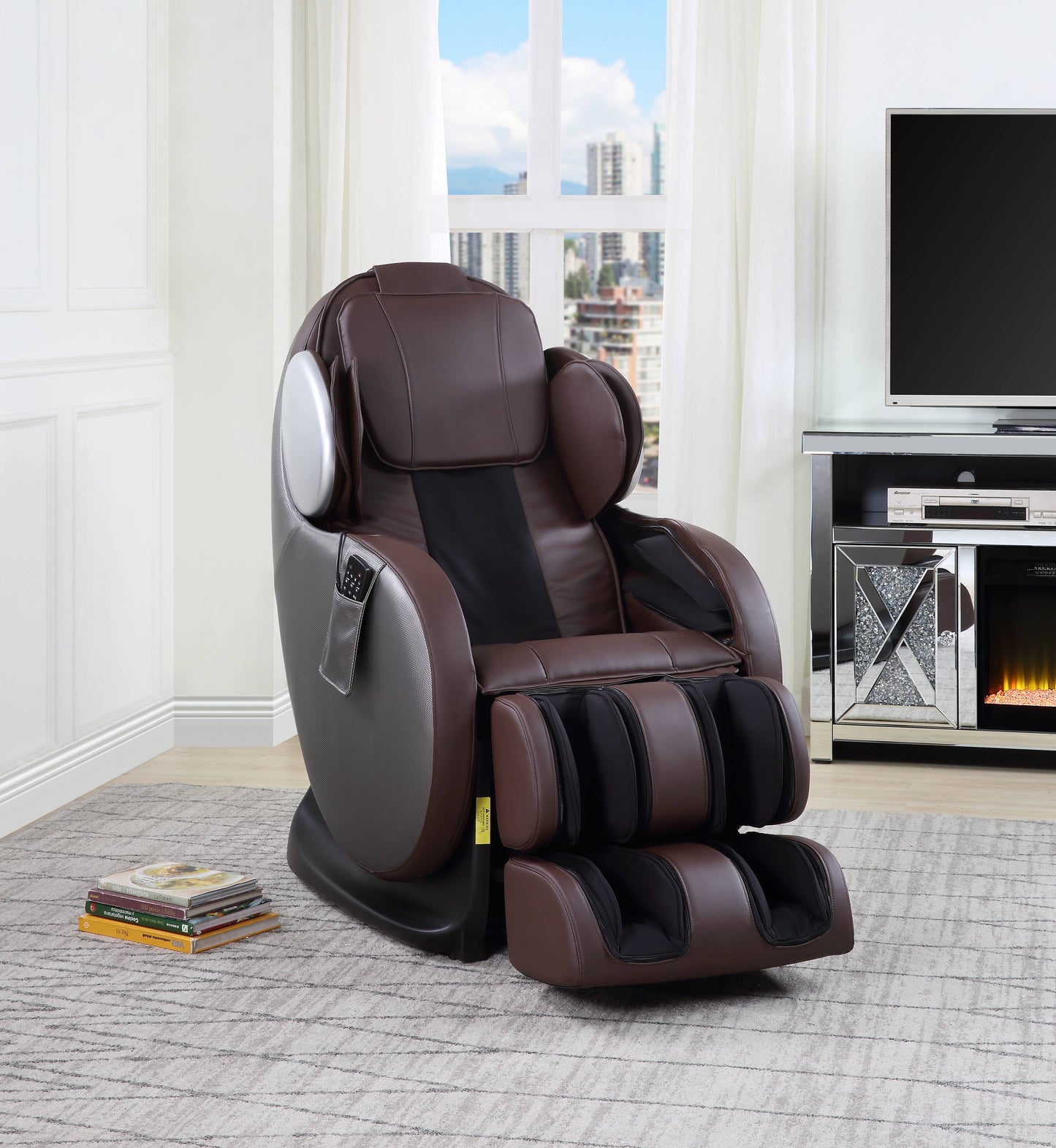 Plush brown leather massage chair with integrated footrest and remote control panel