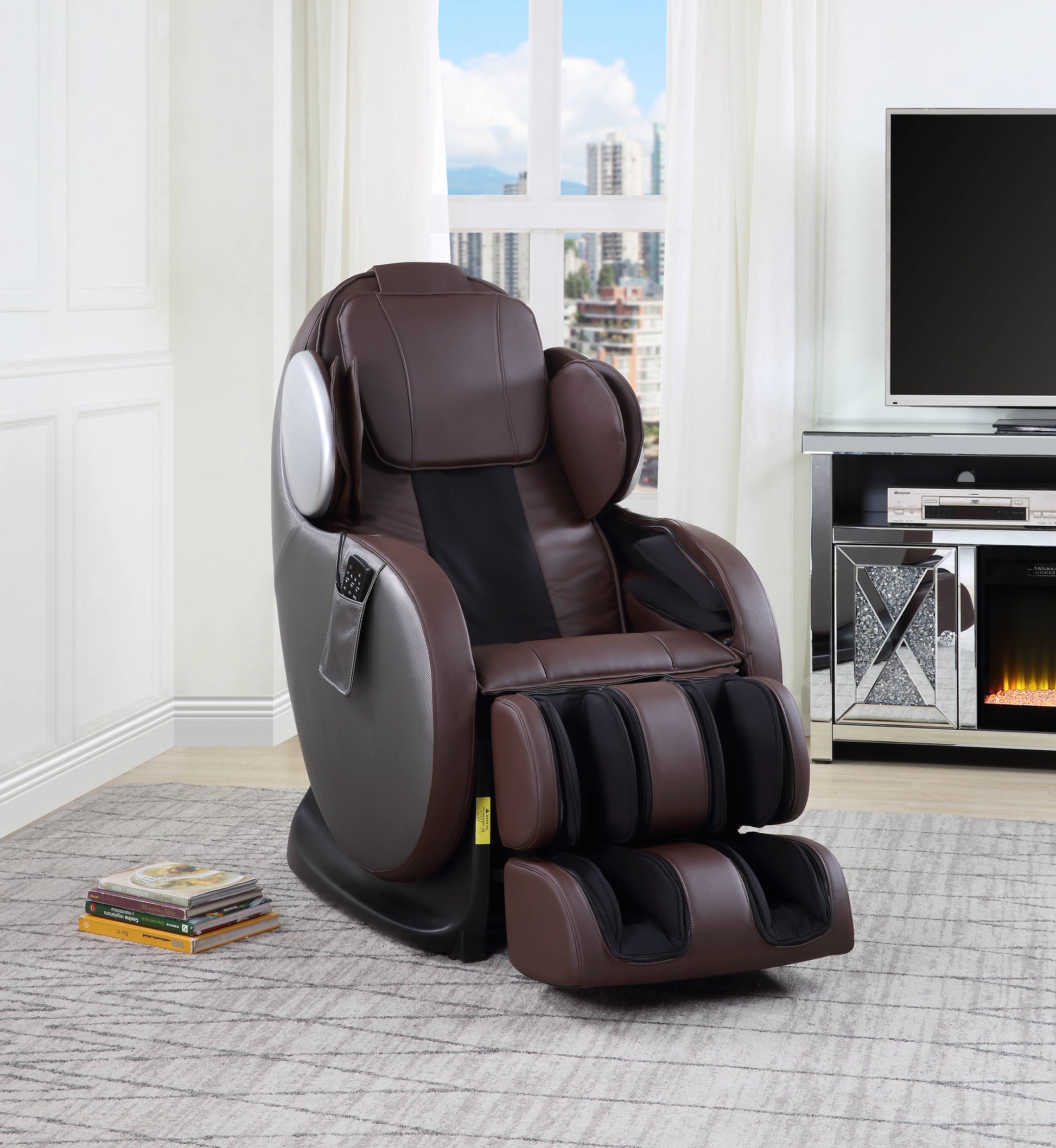 Plush brown leather massage chair with integrated footrest and remote control panel