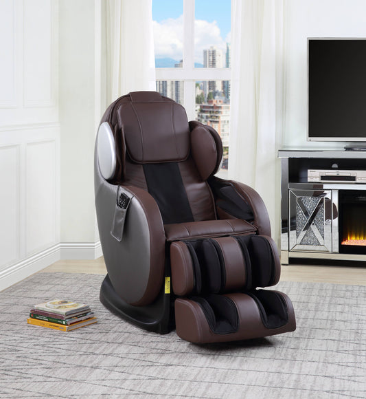 Plush brown leather massage chair with integrated footrest and remote control panel