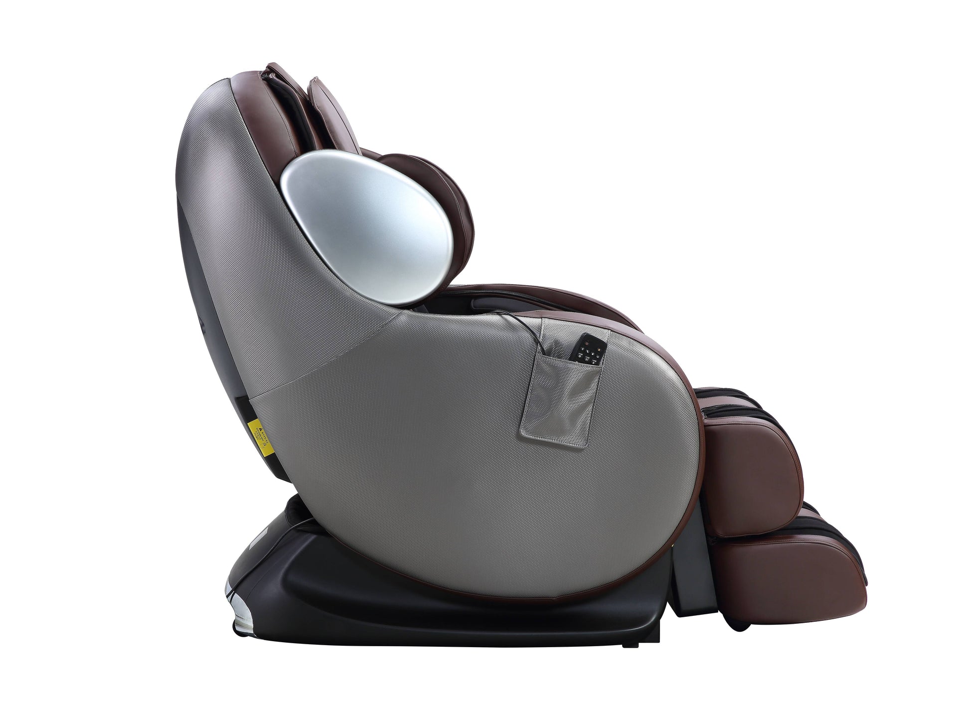 Luxury brown and gray massage chair with metallic headrest ideal for relaxation