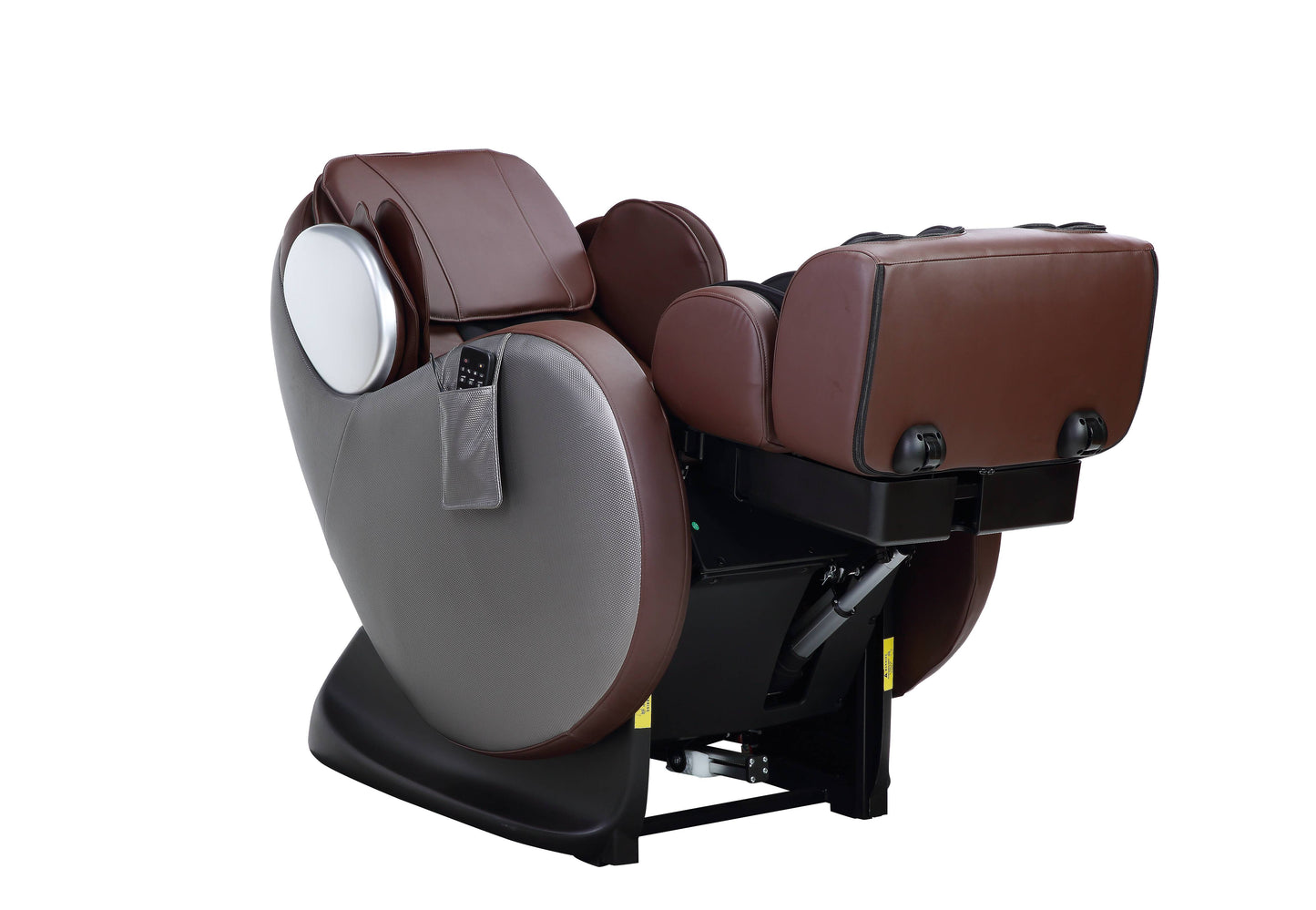 Luxury brown leather massage chair with silver accents and a builtin remote pocket