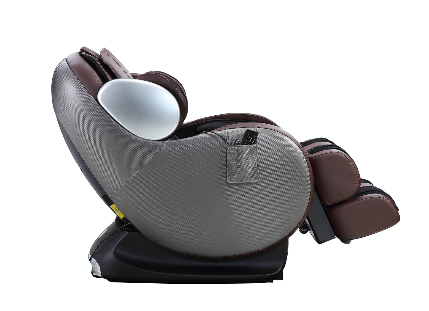 Luxury brown leather massage chair reclined featuring a silver metallic headrest and grey textured fabric