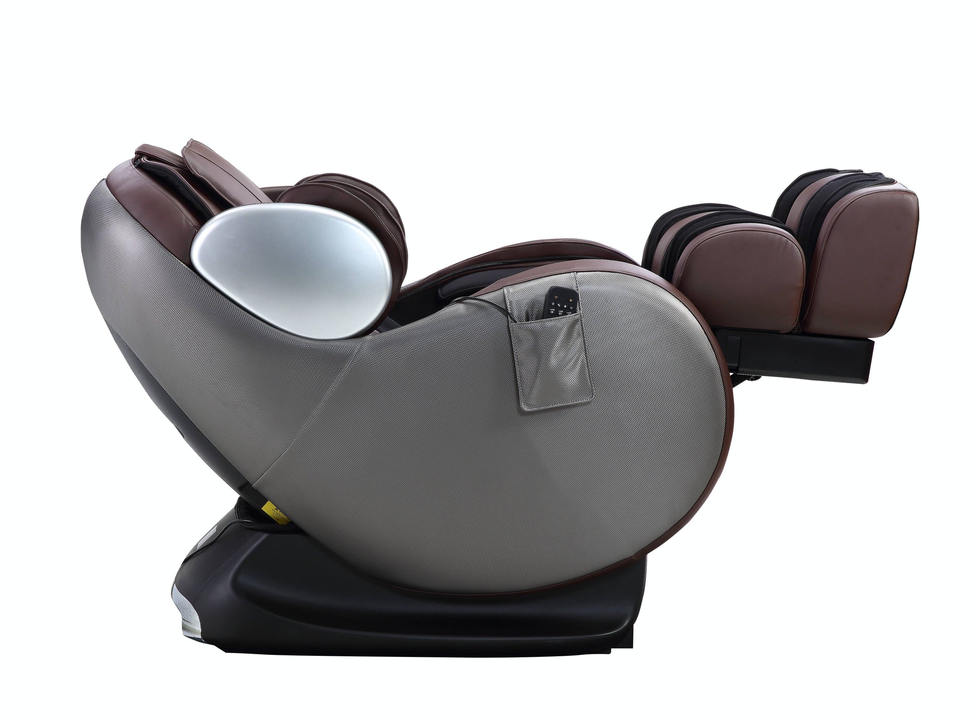 Brown leather zero gravity massage chair with textured grey side panels