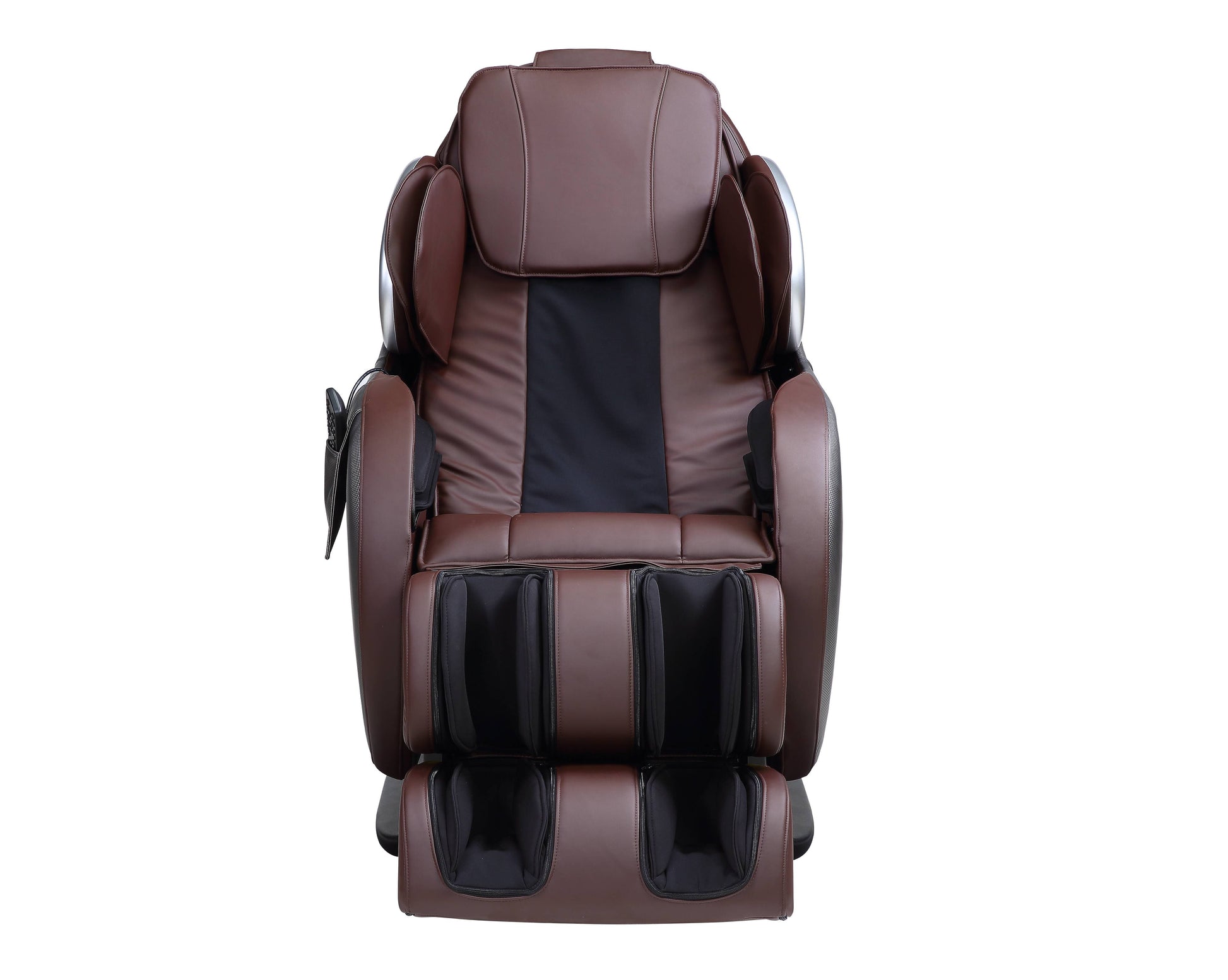 Brown faux leather zero gravity massage chair with integrated leg rests and remote control pocket