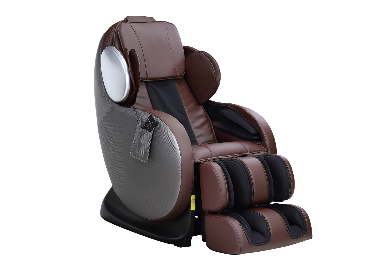 Brown leather massage chair with extensive padding and footrest