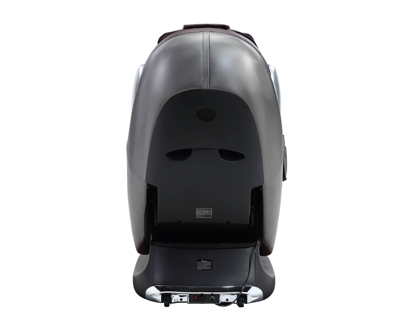 Dark brown leather massage chair back with textured silver panels and chrome accents