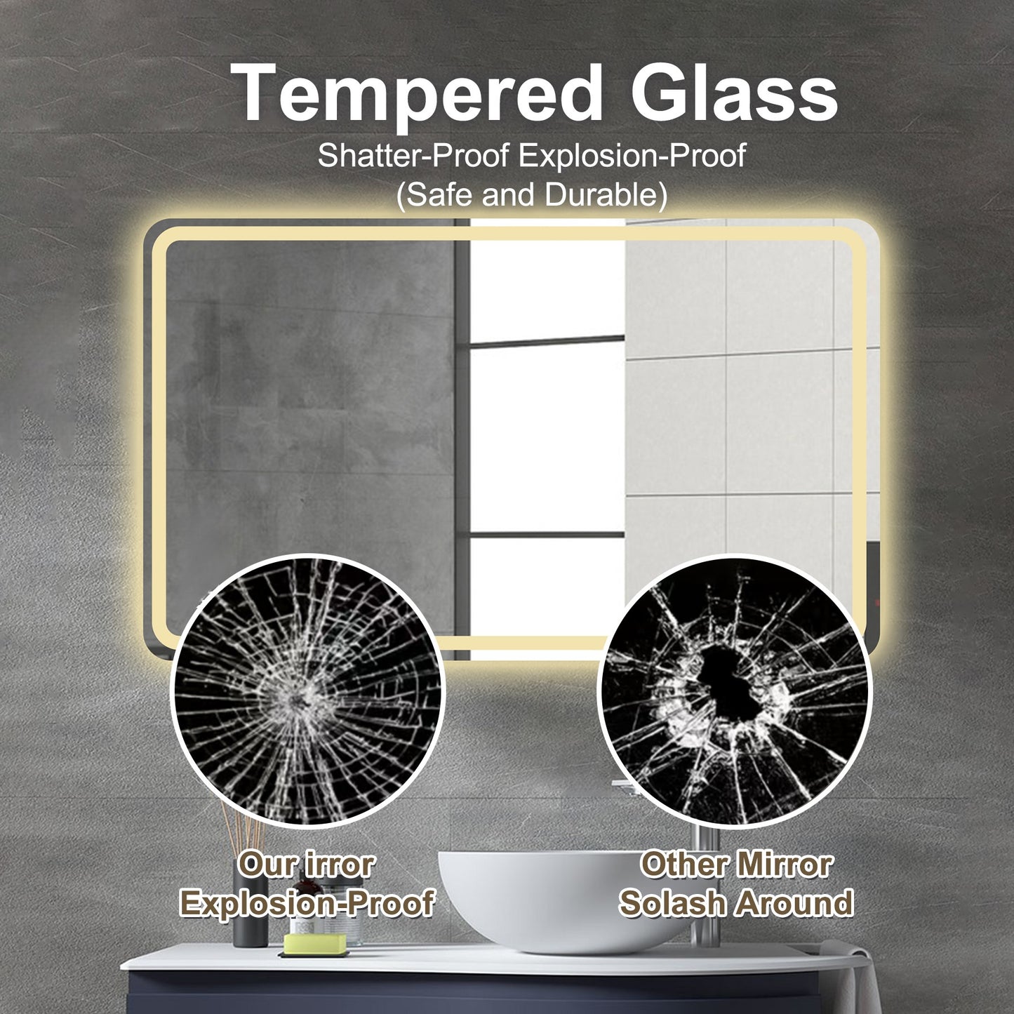Tempered glass mirror showcasing shatterproof explosionproof design for safety and durability