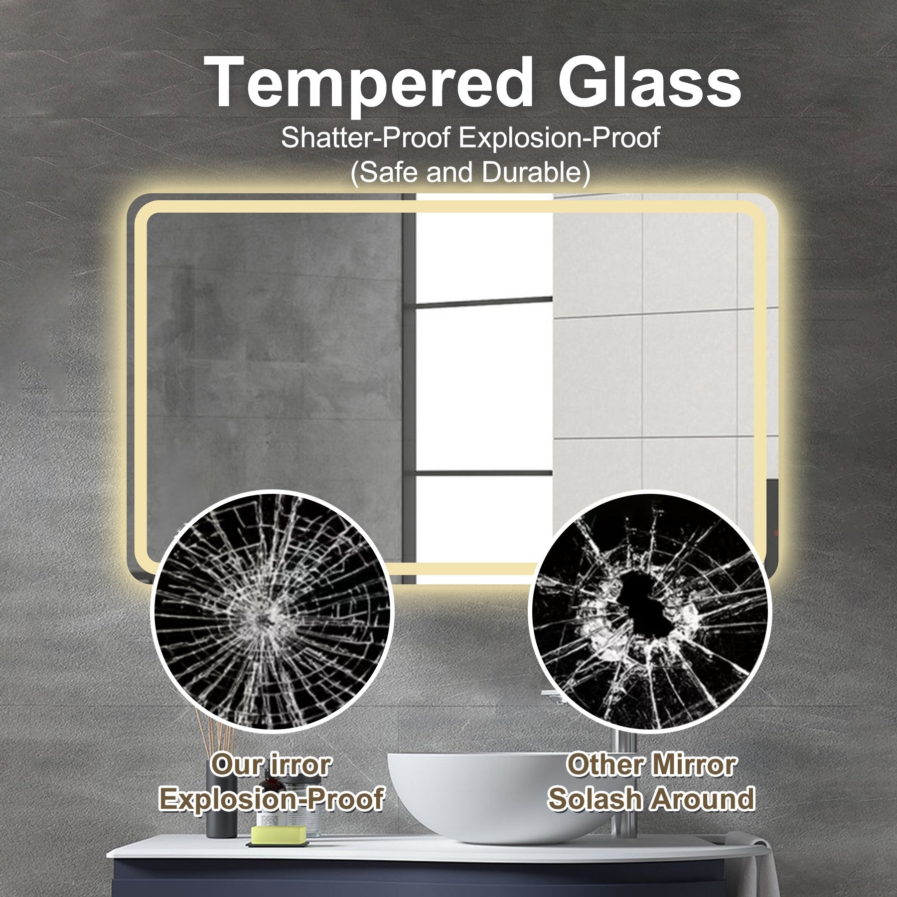 Tempered glass mirror showcasing shatterproof explosionproof design for safety and durability