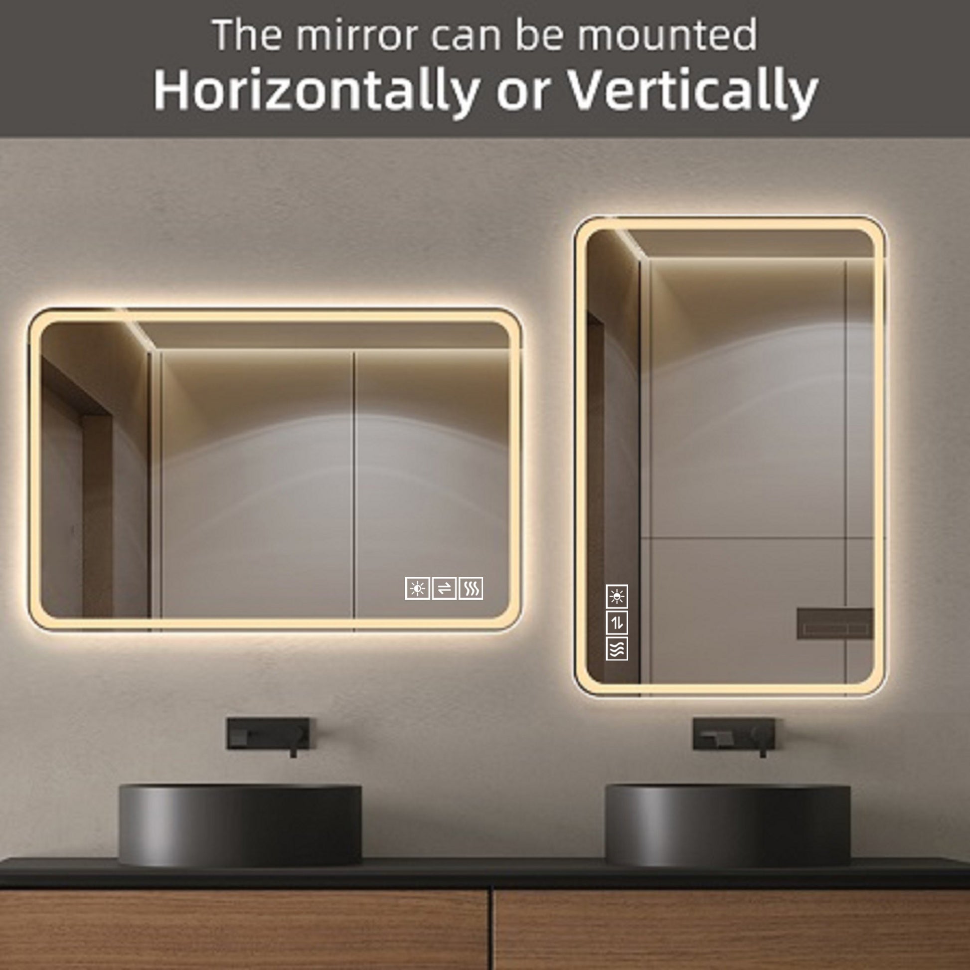 Modern rectangular bathroom mirror with integrated LED lighting and touch controls