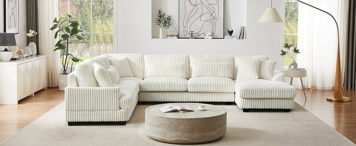 Plush ivory corduroy sectional sofa with deep seating and plush cushions perfect for modern living rooms
