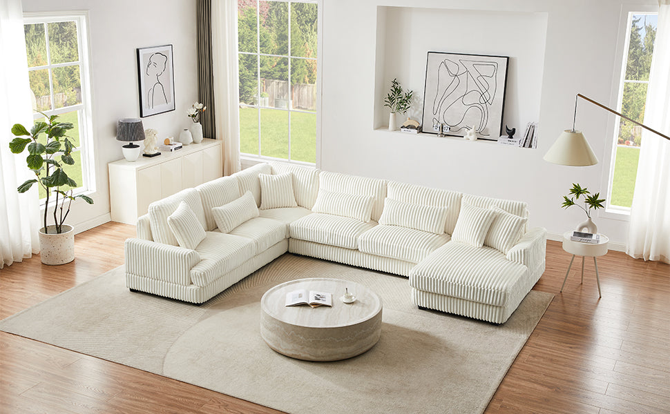 Plush white corduroy sectional sofa Ushaped configuration modern living room comfort
