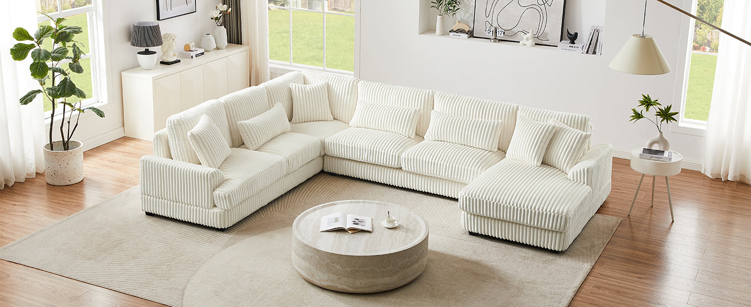 Plush white corduroy sectional sofa with chaise ideal for modern living rooms