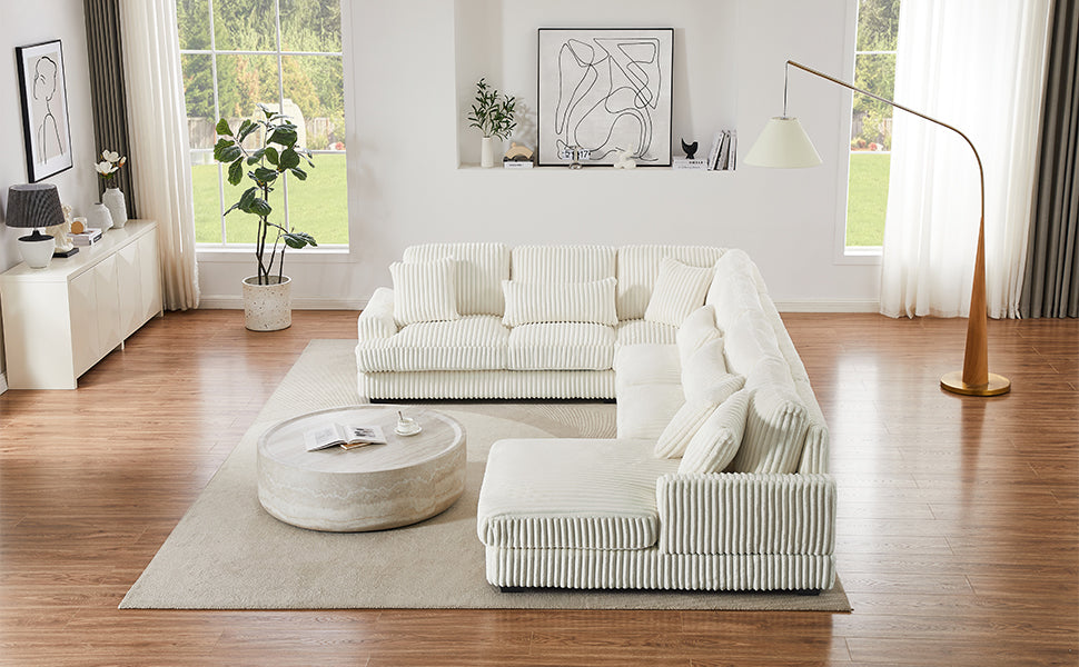 Cozy white corduroy sectional sofa with plush cushions perfect for living room comfort