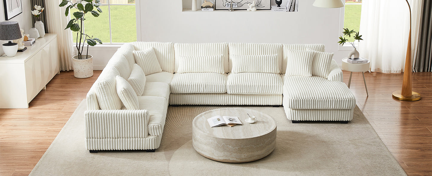 Plush cream corduroy sectional sofa with ample seating for family gatherings