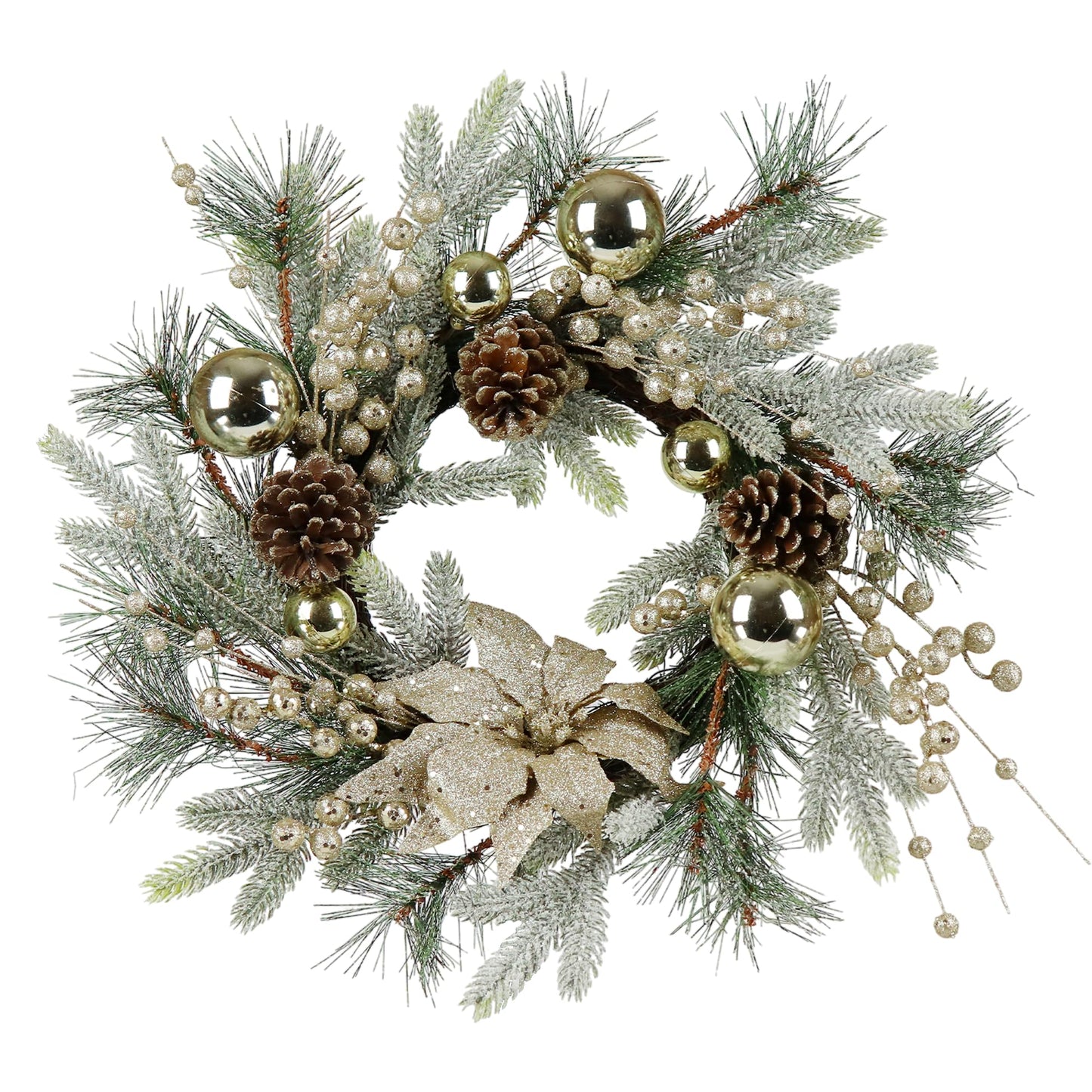 Frosted pine Christmas wreath with gold ornaments pinecones and glitter poinsettia