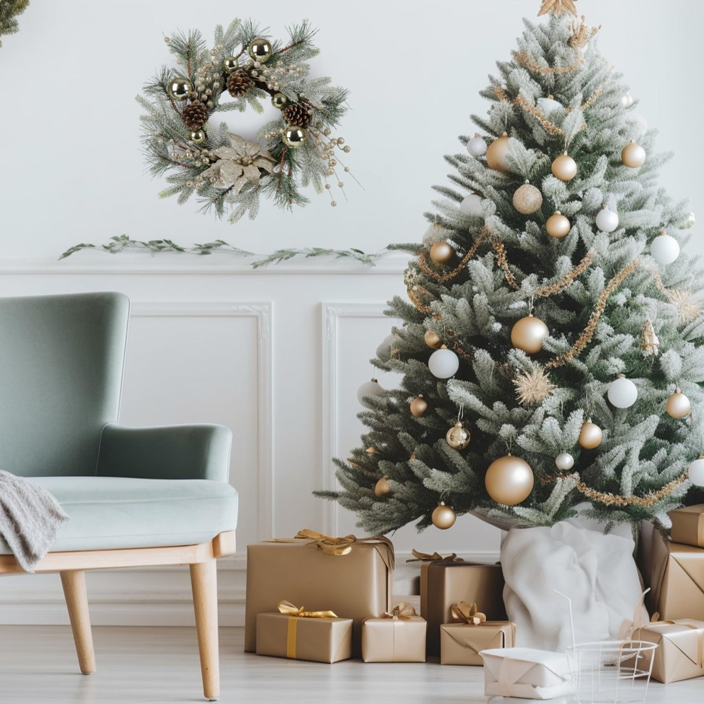 Frosted artificial Christmas tree with gold and white ornaments perfect for holiday decor