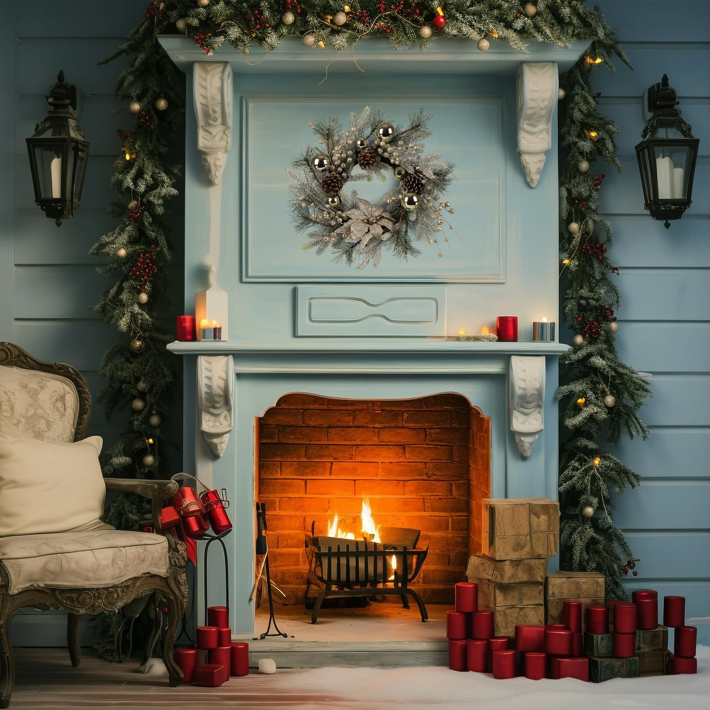 Elegant light blue fireplace adorned with festive Christmas garland and a sparkling wreath