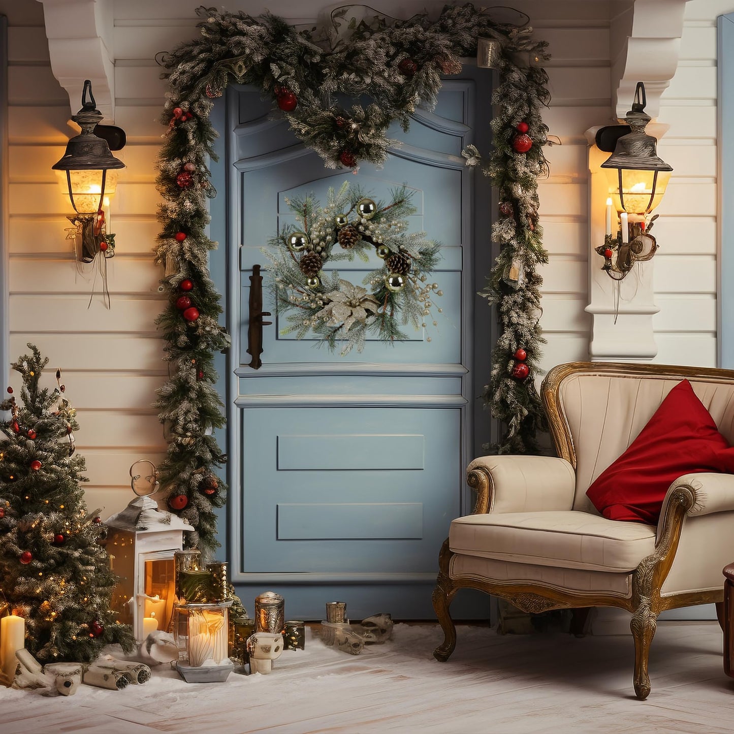 Frosted pine garland with red ornaments adorns a blue door creating festive winter decor