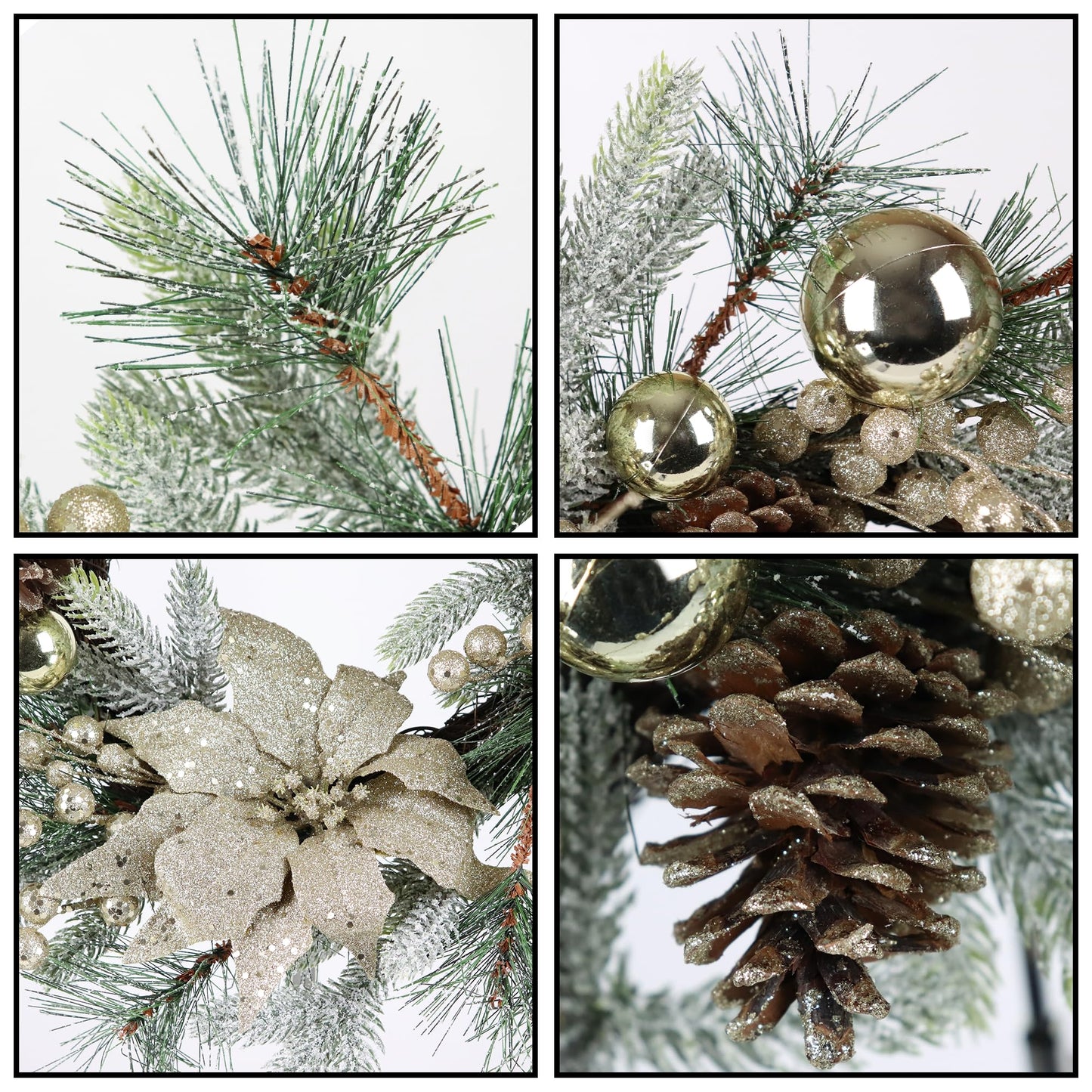 Closeup of frosted pine needles with glittered gold ornaments and pine cones