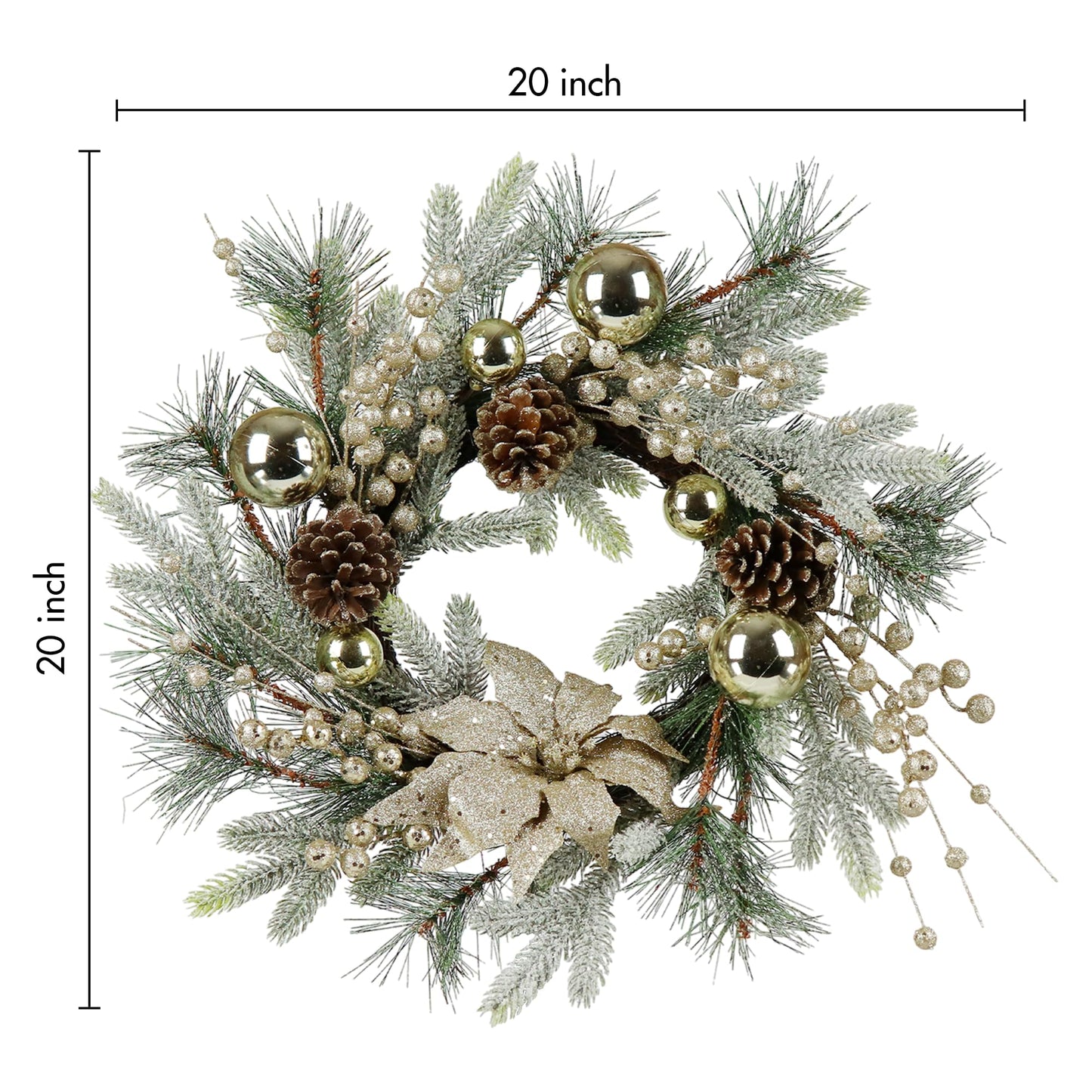 inch frosted pine Christmas wreath with gold ornaments pinecones and poinsettia