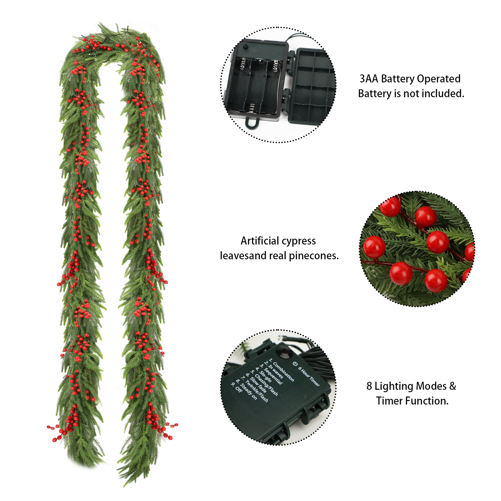 Long artificial cypress garland with red berries and LED lights