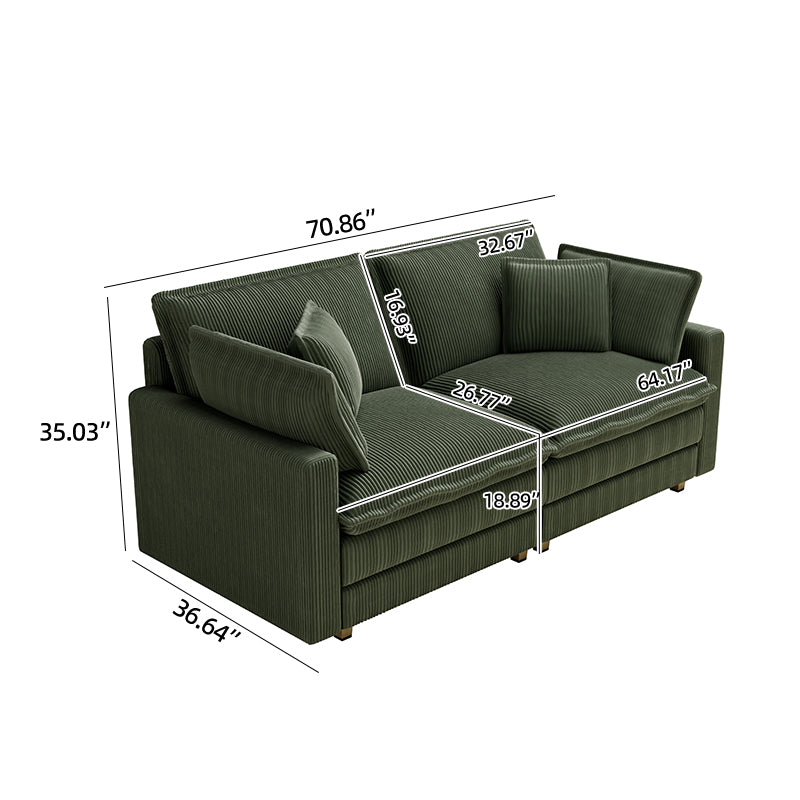 Dark green corduroy sofa with plush cushions and detailed dimensions shown
