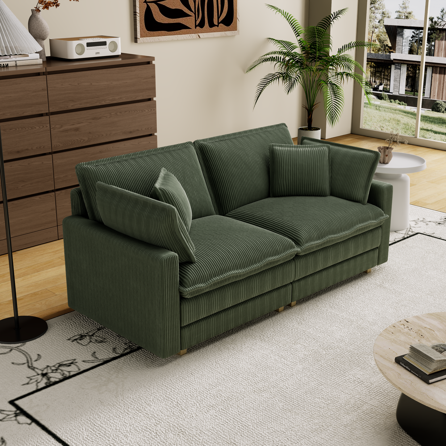 Deep green corduroy sofa with plush cushions and modern design