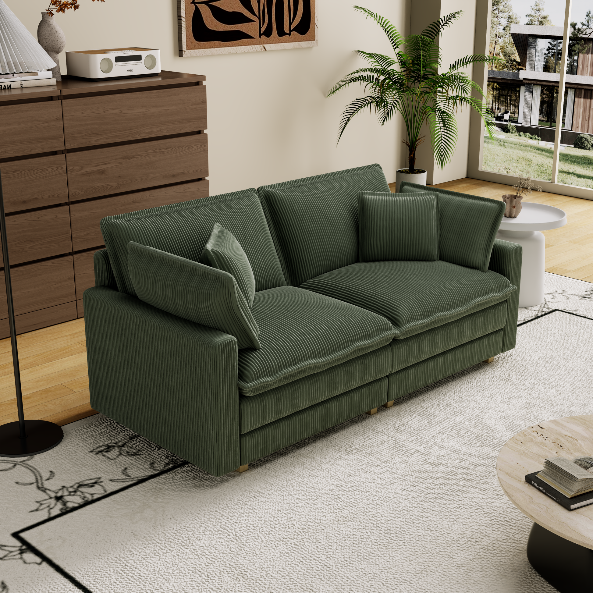 Deep green corduroy sofa with plush cushions and modern design