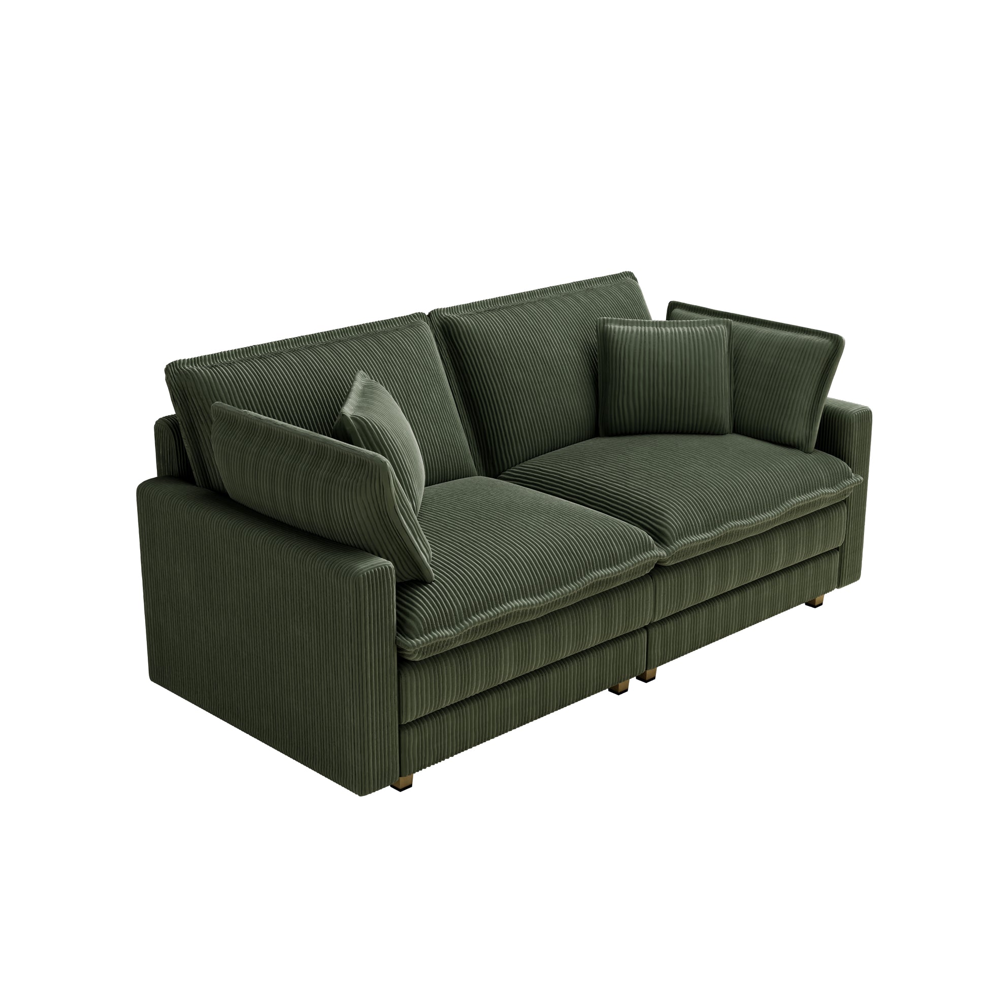 Plush green corduroy sofa with deep seats and matching throw pillows for a cozy living room