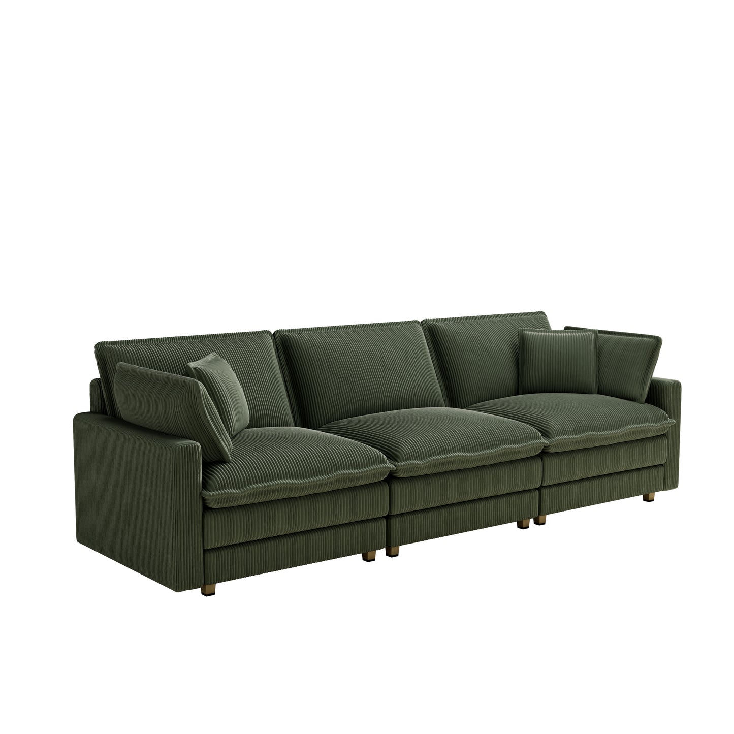 Deep green corduroy sectional sofa with plush cushions and modern gold legs