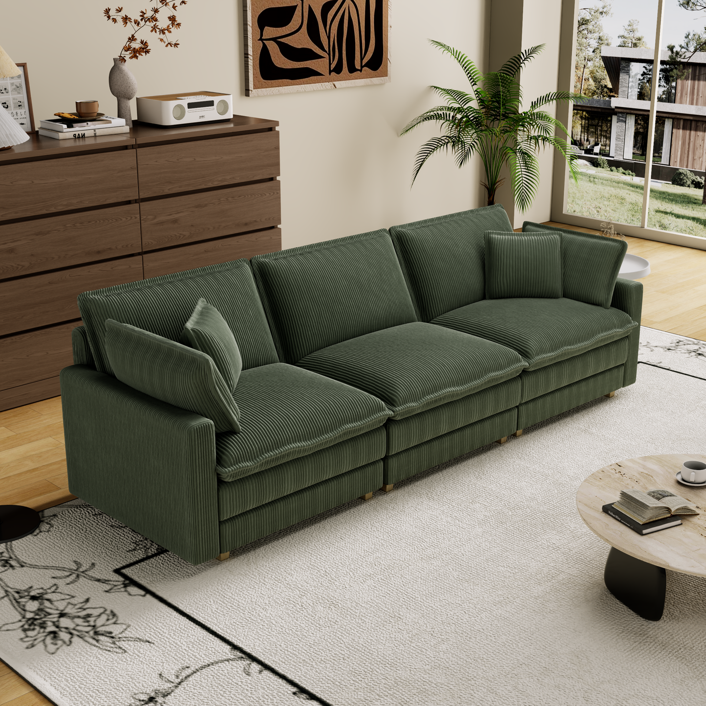 Deep green corduroy sectional sofa with plush cushions and modern design