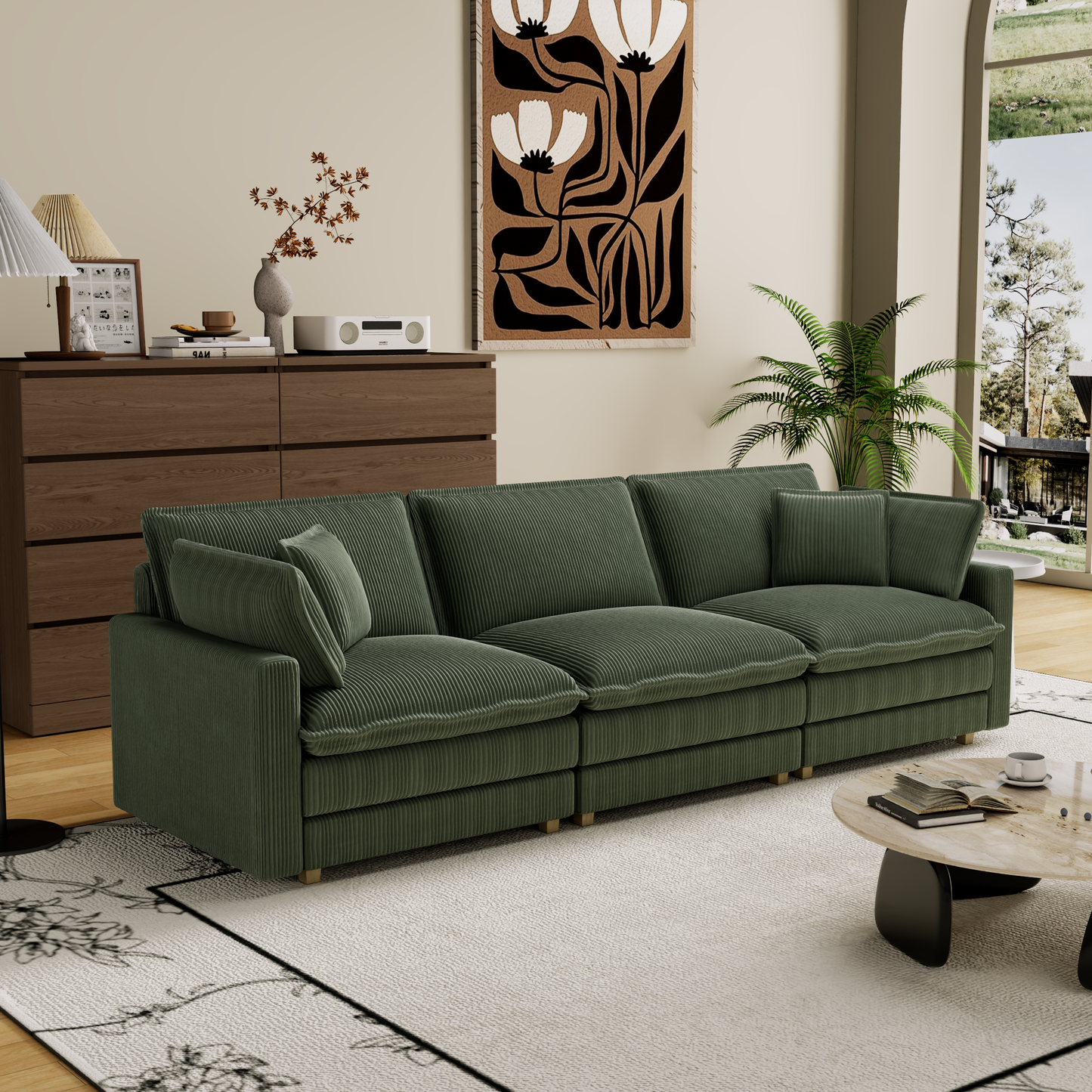 Deep green corduroy modular sofa with plush cushions offering comfortable seating for modern living spaces