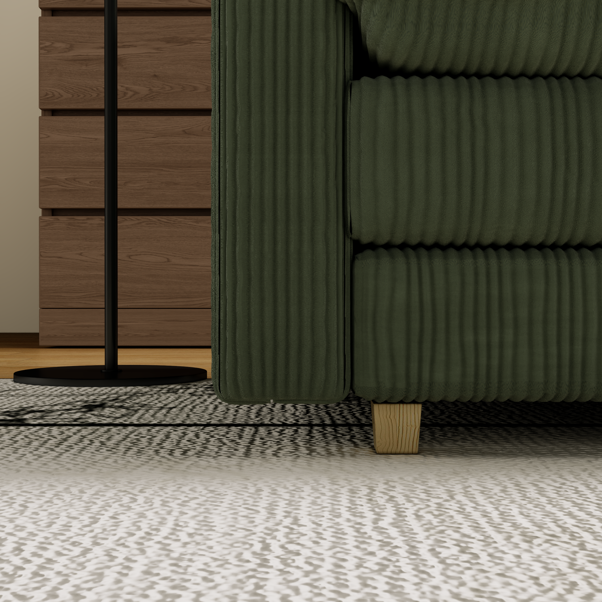 Dark green corduroy sofa with plush texture and wooden legs modern design