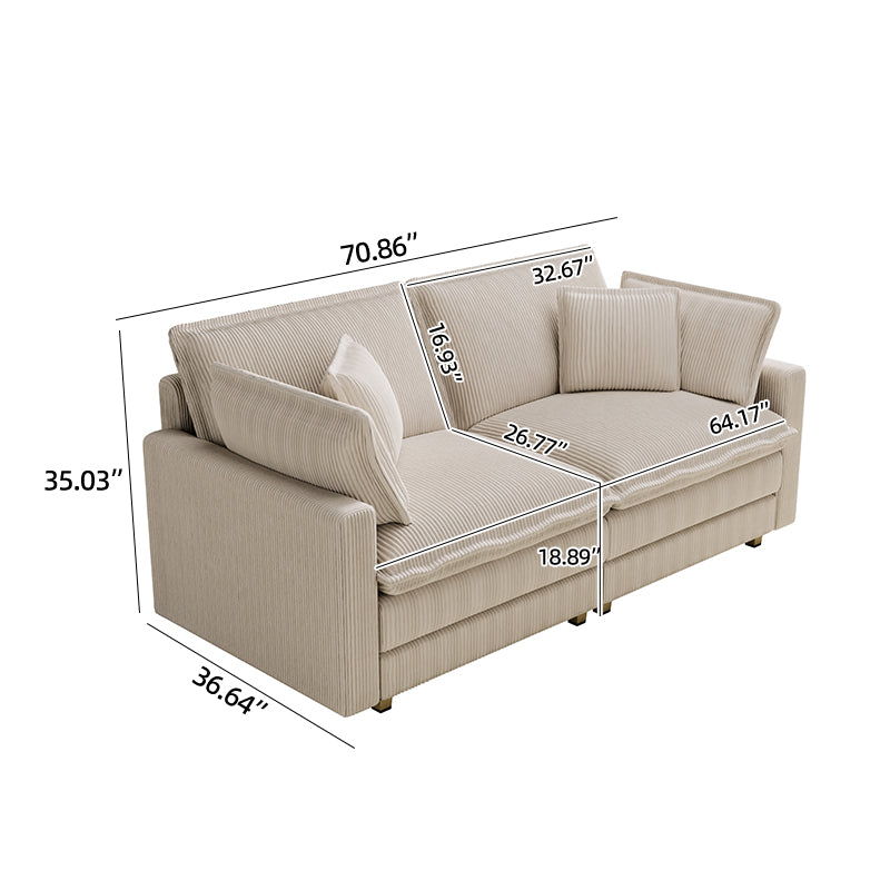 Beige corduroy sectional sofa with detailed dimensions perfect for living room seating