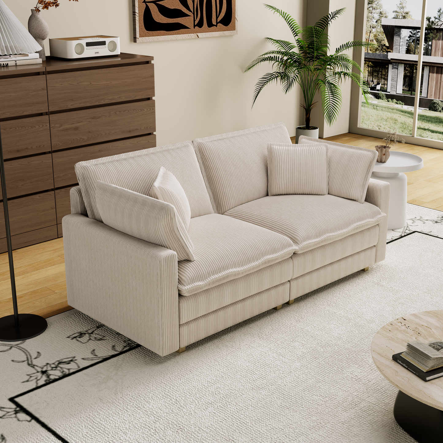 Plush beige corduroy sofa with comfortable throw pillows in a modern living room setting