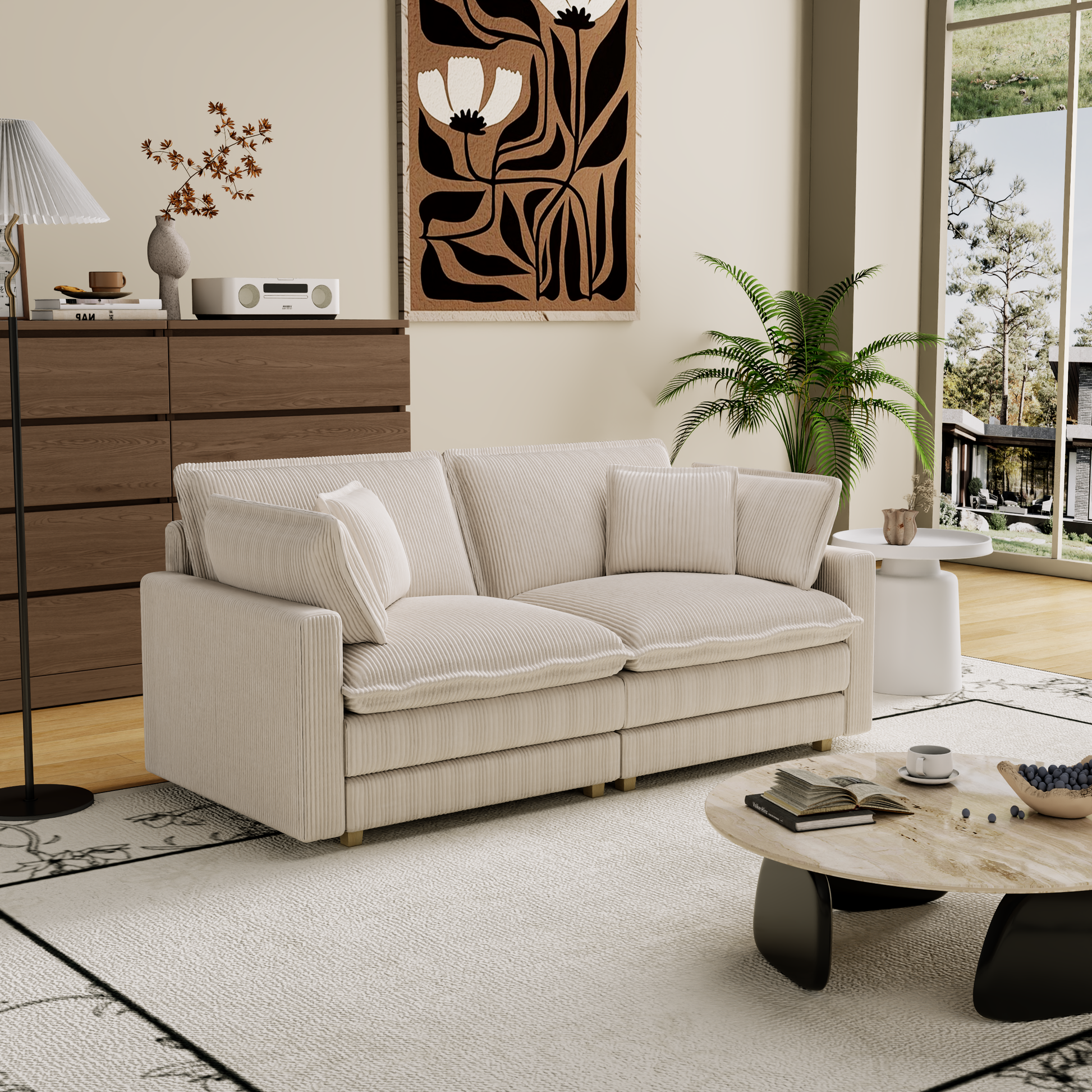 Plush beige corduroy sofa with deep seating and accent pillows ideal for modern living rooms