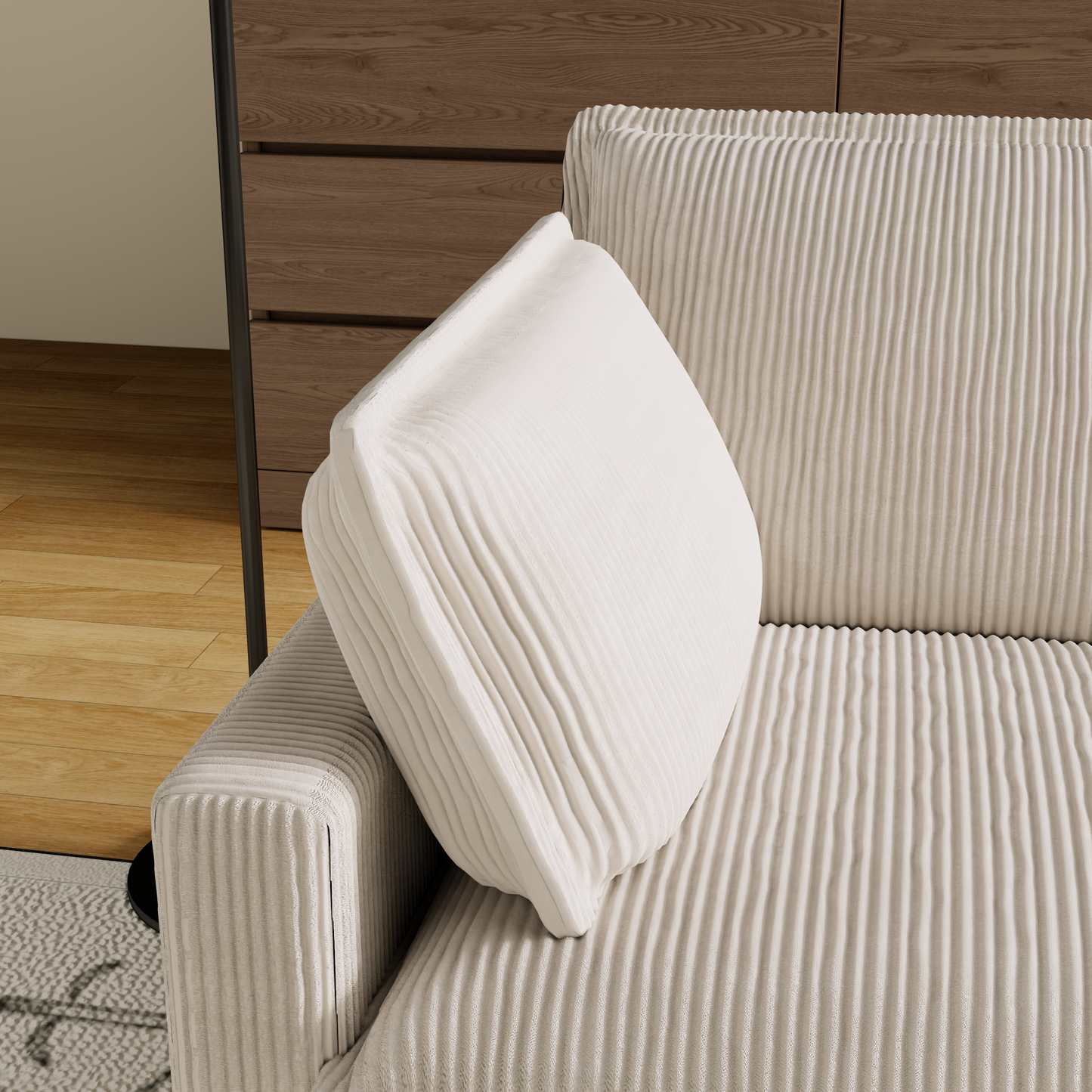 Beige corduroy throw pillow with subtle ribbed texture for sofa comfort